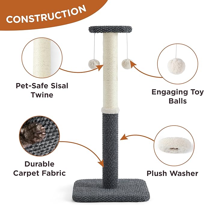 Lesure 29" Tall Cat Scratching Post - Premium Sisal Rope Highly Resistant Carpet Scratching Posts for Indoor Cats Adults, Sturdy Large Cat Scratch Pole with Hanging Ball, Grey(29 inch)