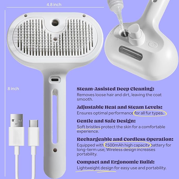 Cat Steam Brush, Rechargeable Silicone Cat Brush for Shedding, 3 in 1 Pet Hair Removal Tool, Self Cleaning Steamy Cat Brush for Massage, Dog Brush for Shedding, Cat&Dog Hair Remover, Cat Accessories