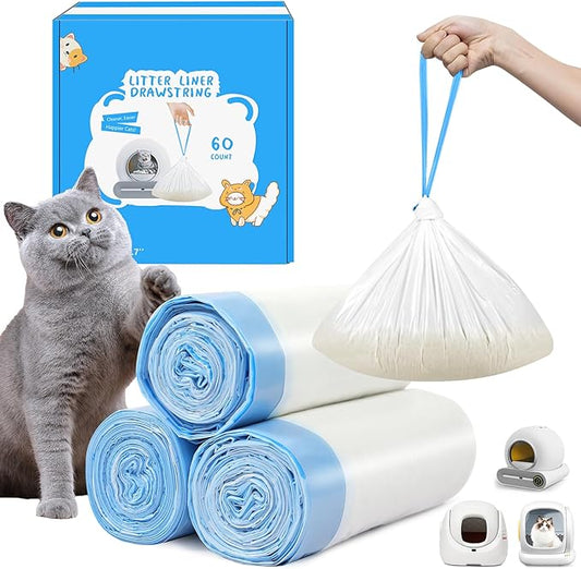 Cat Litter Bags for Automatic Litter Box 60 Count,Extra-Thick Cat Litter Box Liners for MeoWant MW-SC01,MW-SC02,Duty Drawstring Kitty Litter Bags-19.7" x 17.7"