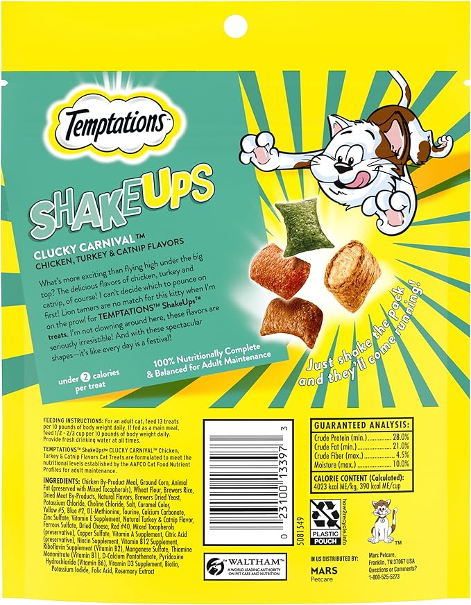 Temptations ShakeUps Crunchy and Soft Cat Treats, Clucky Carnival Flavor, 5.29 oz. Pouch (Pack of 2)