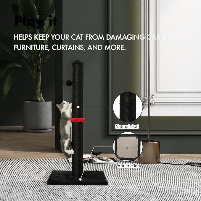 MECOOL Cat Scratching Post Premium Sisal Scratch Posts with Hanging Ball Vertical Scratcher for Indoor Cats and Kittens (Black, 34 inches for Adult Cats)