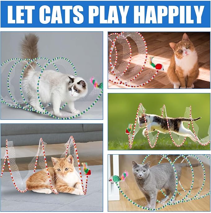 2pcs Cat Tunnels for Indoor Cat, S Type Folded Cat Tunnel Spring 10in Large Size Collapsible Spiral Cat Toy with Feather and Mouse Toy for Pet Puppy Kitten Interactive Exercise(Striped Green, Red)