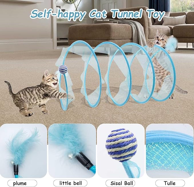 Cat Tunnel, Folded Cat Tunnel Toy 1PCS, Blue Sisal Hemp Ball Tube Cat Springs for Indoor with Feather, Mouse Toys Interactive Cat Toy Tunnel Self-Happy Cat Toys, S-Type Collapsible Tent
