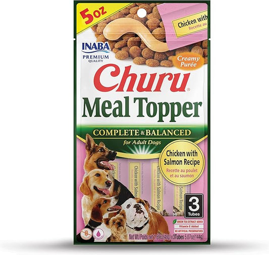 INABA Churu Meal Topper for Dogs, Complete & Balanced, Creamy, Lickable Purée Dog Food Toppers, 1.69 Ounce Tube, 3 Tubes (3 per Pack), Chicken with Salmon Recipe