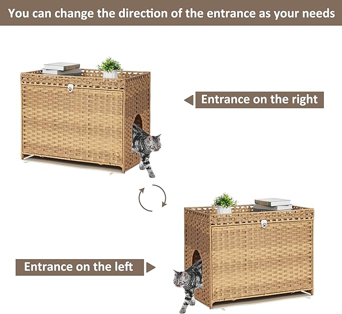 Cat Litter Box Enclosure with Soft Litter Mat; Hidden Cat Washroom Furniture with Door; Handwoven Rattan Cat House with Large Space; Pet Crate for Living Room, Bedroom, Balcony (Natural)