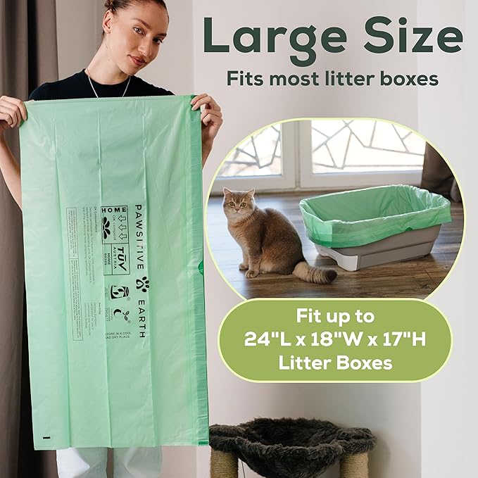 Cat Litter Box Liners 100% Compostable - Drawstring Close - 10 Count - Jumbo Size 36" x 19" - Tear & Leak Resistant - OK Compost Home Certified