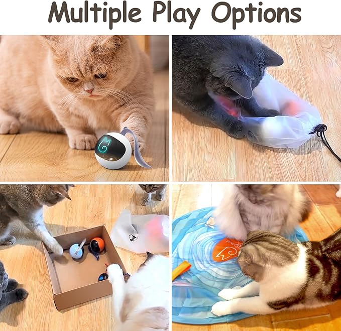 Migipaws Interactive Cat Ball Toy Set, Fun Tracker, Glowing Chase Ball with MystiChaser Pouch, Fluffy Tail, A Small Mice (White)