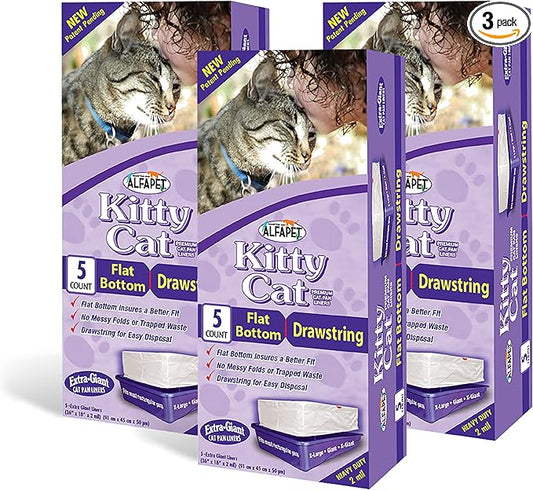 Alfapet cat Litter Box Liners Extra Large 15 count Heavy Duty 2 mil Thick Plastic, Clever Drawstring Liner for Easy Disposal- Flat Bottom for Easy, Secure Placement in Kitty Pan-Disposable