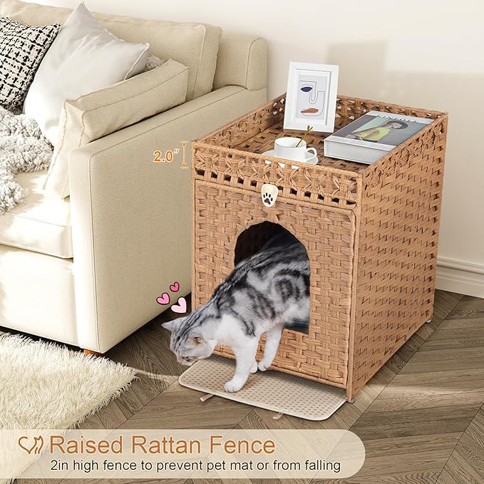 Snughome Cat Litter Box Enclosure Furniture Hidden with Cat Litter Mat, Hidden Cat Washroom Furniture with Door, Handwoven Rattan Cat Washroom Box, Indoor Pet House for Living Room, Bedroom(Natural)
