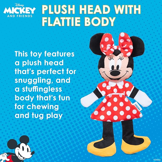 Minnie Mouse Plush Squeaky with Flattie Crinkle Body Dog Toy 13.5in | Disney Dog Toys | Plush Squeaker Toy for Dogs Inspired by Minnie Mouse, Disney Mickey and Friends