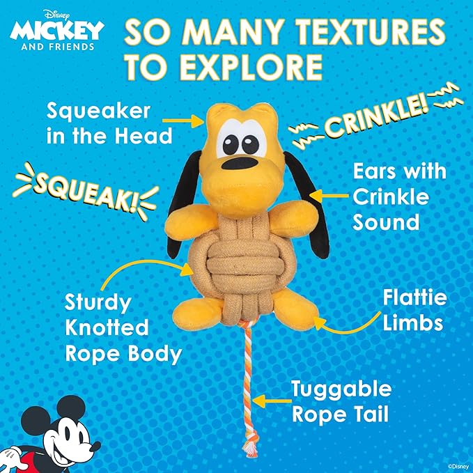 Pluto Knotty Rope Pet Toy with Squeaker, 9 Inch | Squeaky Dog Toys for Pets | Rope Tug Toy for Dogs Inspired by Pluto of Mickey and Friends