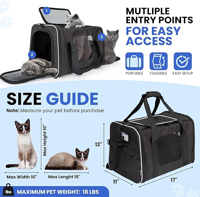 Airline-Approved Cat Carrier with Litter Box, 17x11x12β Soft Travel Litterbox up to 18 lbs Cats, Large Portable Carrier for Long Car Trips, Comes with Litter Scoop, Water Bowl, Pet ID & Cat Toy