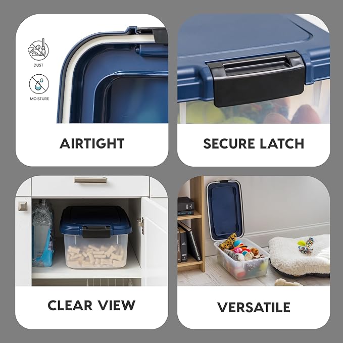 IRIS USA WeatherPro Airtight Pet Food Storage Container, Up to 12Lbs, Dog Cat Bird and Other Pet Food Storage Bin Keep Pests Out Translucent Body BPA Free Stackable, Navy