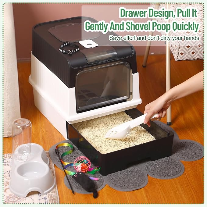 Tioncy 7 Pcs Small Cat Kitten Starter Kit Cat Litter Box with Shovel Cat Paw Litter Mat Double Automatic Cat Bowls Cat Toy Teaser Stick Cat Collar Essentials Kits for 1-3 Lbs Beginner (Black)