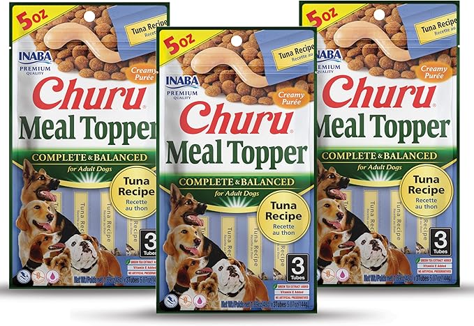 INABA Churu Meal Topper for Dogs, Complete & Balanced, Creamy, Lickable Purée Dog Food Toppers, 1.69 Ounce Tube, 9 Tubes (3 per Pack), Tuna Recipe