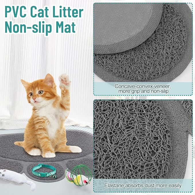 Tioncy 7 Pcs Small Cat Kitten Starter Kit Cat Litter Box with Shovel Cat Paw Litter Mat Double Automatic Cat Bowls Cat Toy Teaser Stick Cat Collar Essentials Kits for 1-3 Lbs Beginner (Green)