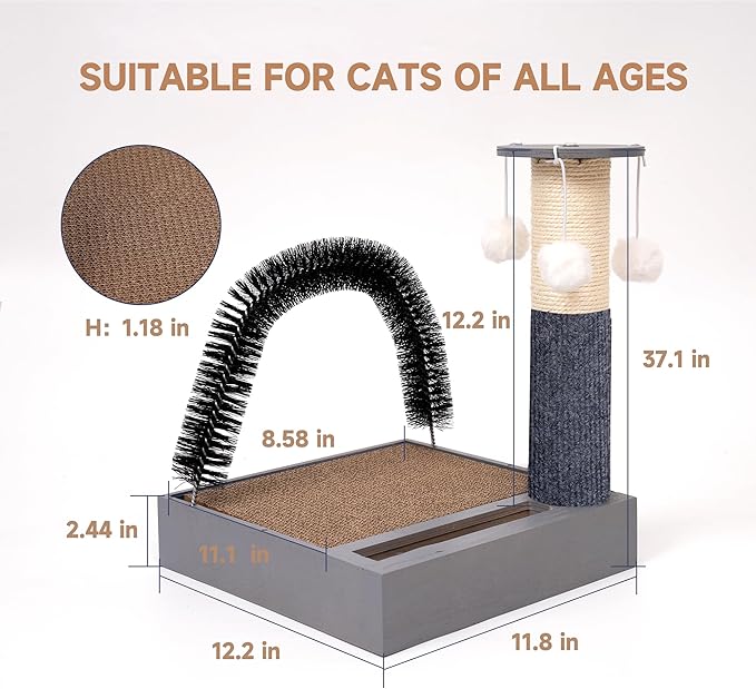 Pet Fur Grooming Cat Scratching Pads,Cats Self Groomer Massager Scratcher Toy Brush,Cat Scratching Pads with Wooden Tray (Gray)…