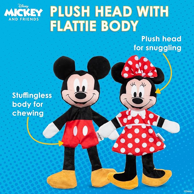 Mickey Mouse & Minnie Mouse Plush Squeaker with Crinkle Flattie Body Dog Toy Set | Disney Dog Toys | Plush Squeaker Toy for Dogs Inspired by Mickey Mouse, 13.5in - 2 Pack