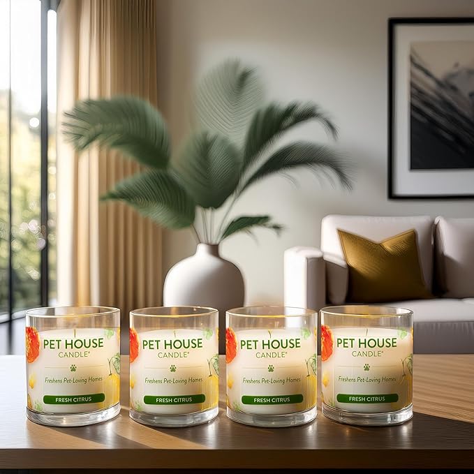 One Fur All Pet House Fresh Citrus Candles Plant-Based/Soy Candle - Clean Burning Scented Candles, Long Lasting Pet Odor Candle for Home - 4 Pack