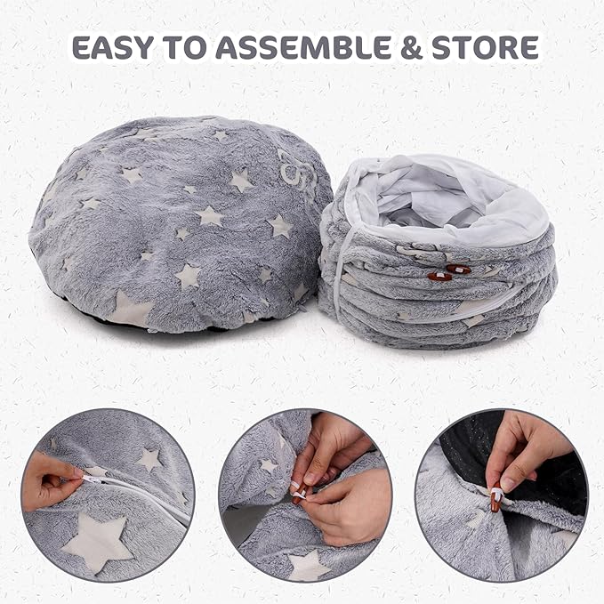 Cat Tunnel Bed 3 FT Collapsible Cat Tunnels, Cat Donut Tube with Fluffy Toy Balls, Pom Pom Ball & Cat Mice Cat Toy, Self-Luminous Peekaboo Cat Cave for Large Cats, Small Animals, Puppy, Kitten