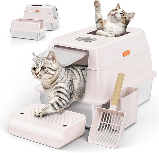 Stainless Steel Cat Litter Box with Lid Scoop, Extra Large Enclosed Metal Litter Box, Front Entry Top Exit Covered Toilet Big Cat Litter Box, Removable Hooded Corner Kitty Litter Pan Boxes