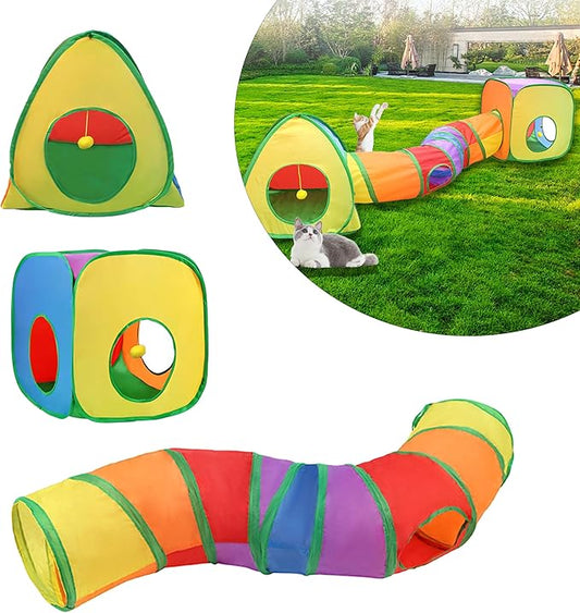 Cat Tunnel and cat Ball Pit, cat Toys for Indoor Cats, Pop Up Collapsible Crinkle Interactive Peek Hole, Cat Tube with Play Ball and Bell for Kitten, Puppy, Kitty, Rabbit - Set of 3