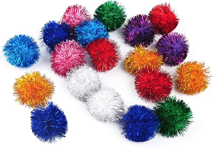 20 Pack 2 Inches Cat Sparkle Balls for Cats Large Size, Glitter Pom Poms Fuzzy Cat Balls Tinsel Balls for Cats Kitten Indoor Assorted Color Random