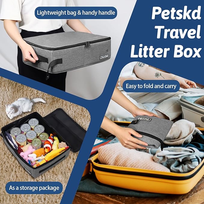 Petskd Portable Cat Travel Litter Box with Lid and 10 pcs Disposable Liner Bags, Leak-Proof and Collapsible, Cat Travel Essentials for Car Travel, Hotel, Airplane and Other Outdoor Use(Grey)