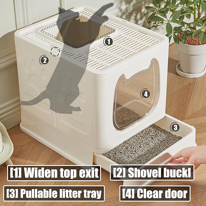 Vealind Covered Cat Litter Box with Sifting Lid, Kitty Litter Box Enclosure, Top Entry Enclosed Litter Box with Litter Scooper and Brush, Easy Clean Hooded Travel Litter Box for Cats, Beige Litter Box