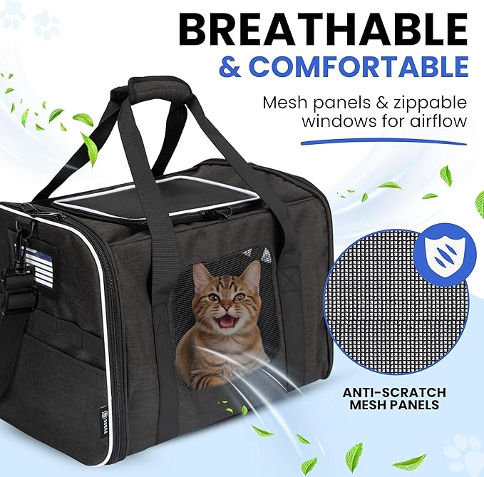 Airline-Approved Cat Carrier with Litter Box, 17x11x12β Soft Travel Litterbox up to 18 lbs Cats, Large Portable Carrier for Long Car Trips, Comes with Litter Scoop, Water Bowl, Pet ID & Cat Toy