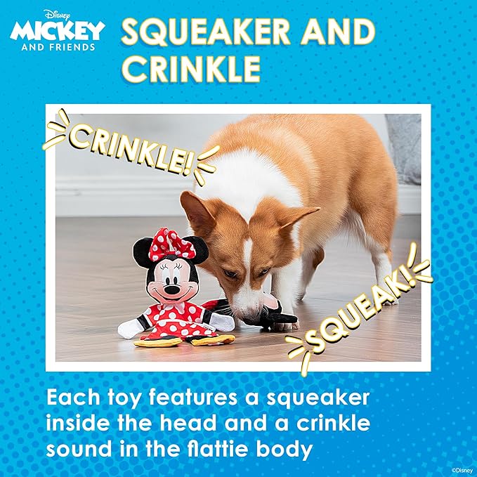 Mickey Mouse & Minnie Mouse Plush Squeaker with Crinkle Flattie Body Dog Toy Set | Disney Dog Toys | Plush Squeaker Toy for Dogs Inspired by Mickey Mouse, 13.5in - 2 Pack