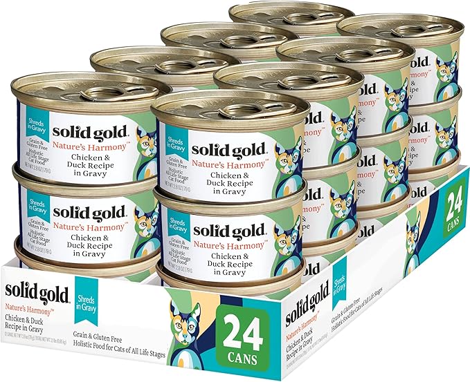 Solid Gold Nature's Harmony Wet Cat Food - Pate & Shreds in Gravy - Real Chicken & Duck Shreds - Canned Cat Food, 24 Pack