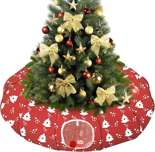Pawaboo Cat Tunnel Bed Under Christmas Tree, 35.4'' Christmas Cat Toy Circle Tunnel with Toy Ball, Decorative Christmas Festive Foldable Kitty Tube Tunnel for Cat Small Animal (Red Xmas Tree)