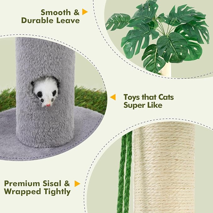 Cat Scratching Posts for All Cats with Hanging Ball and Sisal Rope Cat Toy, Simple Design - for Larger Cats - 35.43" Tall,Wooden Palm Tree Premium Basics Cat Toys Kitten(Grey