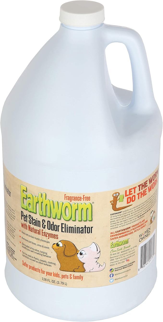 Earthworm Pet Stain Remover & Odor Eliminator- Removes Urine Smell with Natural Enzyme Formula, Fragrance Free Spray - 128 oz