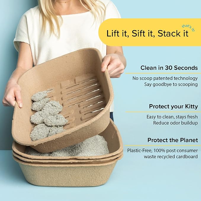 Kitty Sift (Set of 1 Litter Box & 5 Sifting Liners) Sustainable, Clean, Sifting, Disposable Cat Litter Box Kit - Jumbo, 6-Set Kit