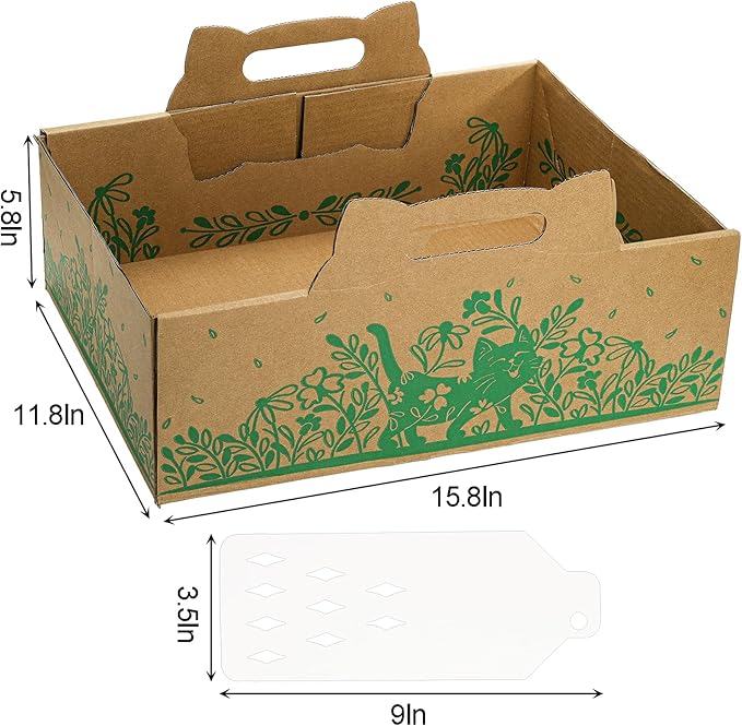 WUWEOT 8 Pack Disposable Cat Litter Boxes, Leakproof Double Layer Cardboard Cat Litter Pan, Foldable Portable Small Pet Liner Tray with Scoop for Travel, 15.8 x 11.7 x 5.8 Inch