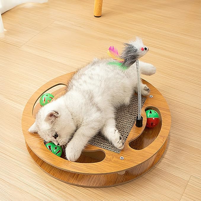 Cat Scratching Board with 4 Cat Bell Balls Toys and Spring Mouse Toy, Cat Scratcher Pad for Indoor Cats, Cat Scratcher Cardboard, Durable, Cat Self Groomer, Stable and Non-Slip, Eco-Friendly Wood