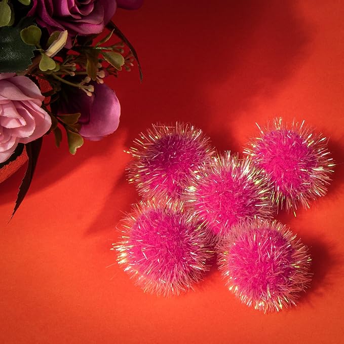 VAPKER 30 Pcs Cat Ball Toys Sparkle Balls Extra Large 2 Inch Cat's Favorite Chase Glitter Ball Glitter Tinsel Pom Poms Balls Hot Pink Color