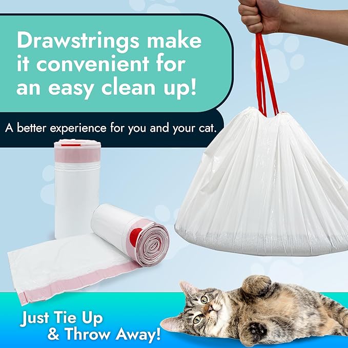 Reli. Cat Litter Box Liners (18 Count), Jumbo | Drawstring Litter Box Liner | Heavy Duty for Cat Pan, Pet Waste | Kitty Poop Bags, Drawstring Handles (White)