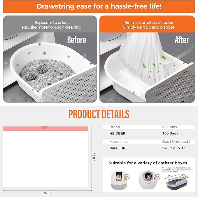Drawstring Cat Litter Box Liners 100 Pack-Robot Litter Liner Bags for Robot 3 and 4 Cleanpethome/PETKIT PuraX PuraMax Catlink Self-cleaning Cat Litter Box Bag Heavy Duty Litter Box Robot Waste Bags