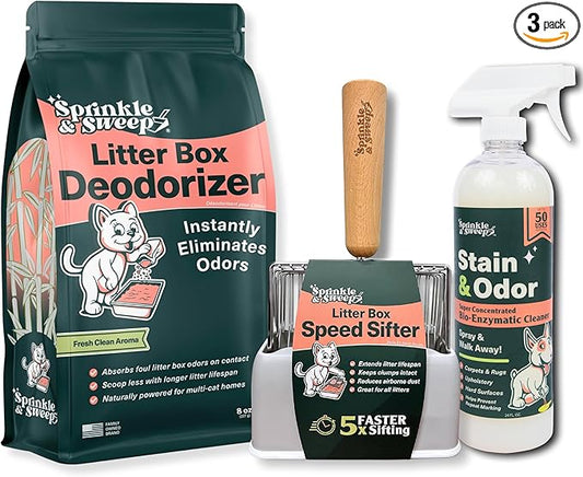 Sprinkle & Sweep Litter Box Deodorizer - Cat Litter Deodorizer Non Toxic and Safe for Kittens - Litter Deodorizer Instantly Eliminates Foul Litter and Urine Odors (Bag, Sifter & Spray)