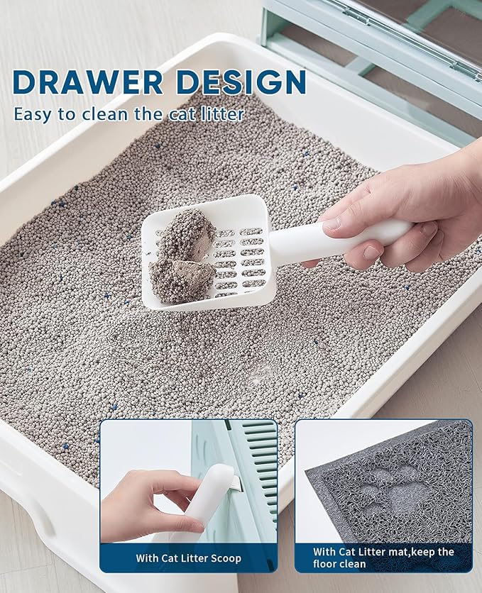 Cat Litter Box with Litter Mat and Scoop, Large Foldable Litter Box with Lid, Front Entry Top Exit Kitty Litter Box, Odor Control Easy Clean (Blue)