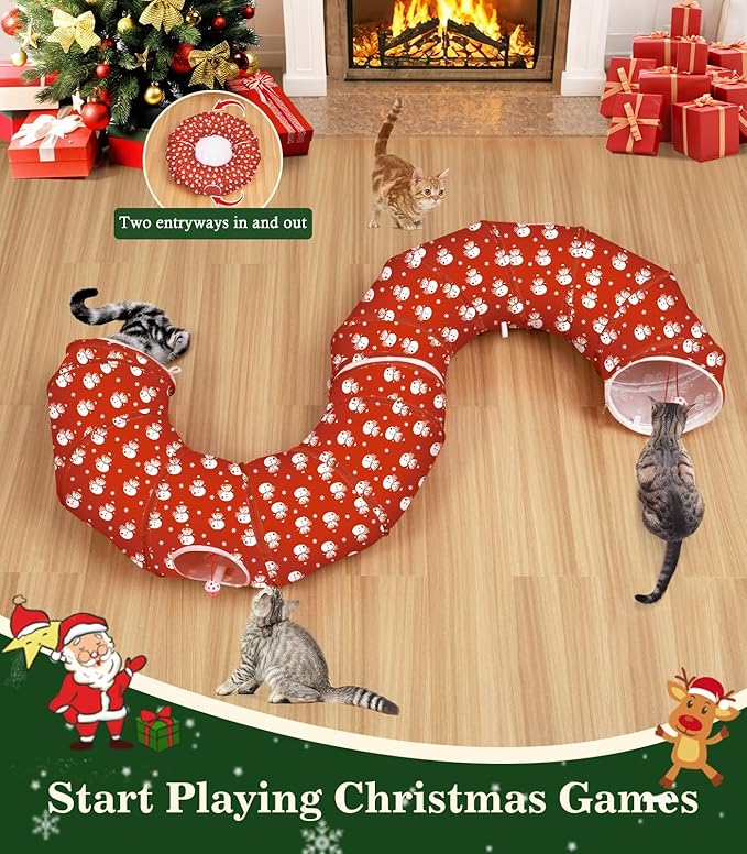 Pawaboo Cat Tunnel Bed Under Christmas Tree, 35.4'' Christmas Cat Toy Circle Tunnel with Toy Ball, Decorative Christmas Festive Foldable Kitty Tube Tunnel for Cat Small Animal (Red Snowman)