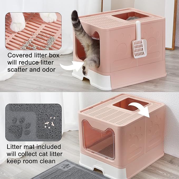 Suhaco Cat Litter Box with Lid Large Foldable Front Entry Top Exit Kitty Litter Box with Cat Litter Mat, Covered Kitten Litter Tray for Indoor Cats with Litter Scoop & Cleaning Brush Easy Clean (Pink)