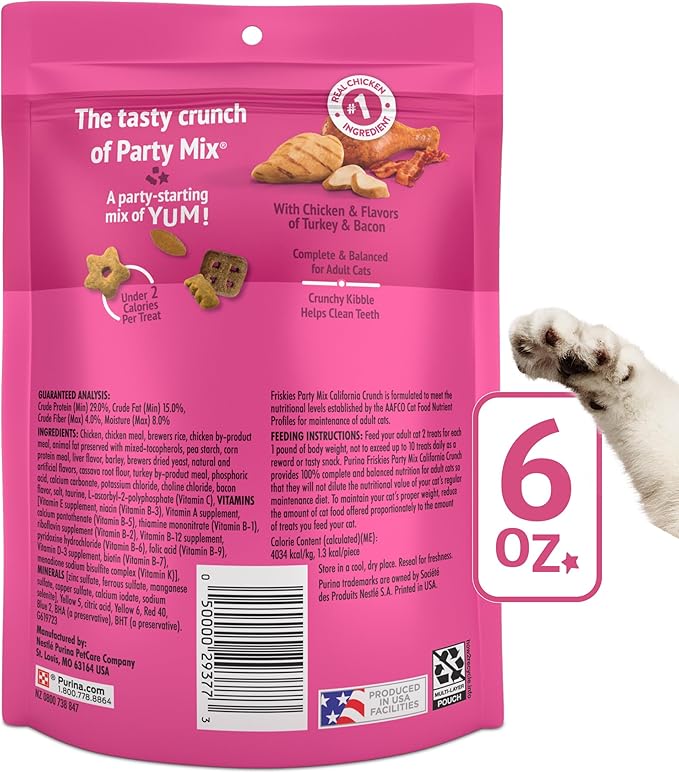 Purina Friskies Cat Treats, Party Mix California Crunch With Chicken - (Pack of 6) 6 oz. Pouches