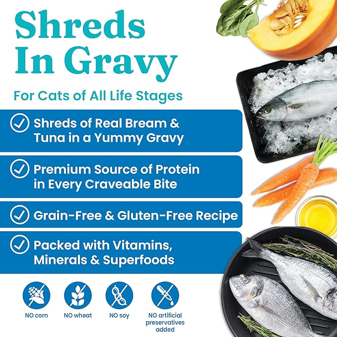 Solid Gold Wet Cat Food Shreds in Gravy - Canned Cat Food Made w/Real Tuna & Sea Bream - Five Oceans Grain Free 16ct/6oz Can