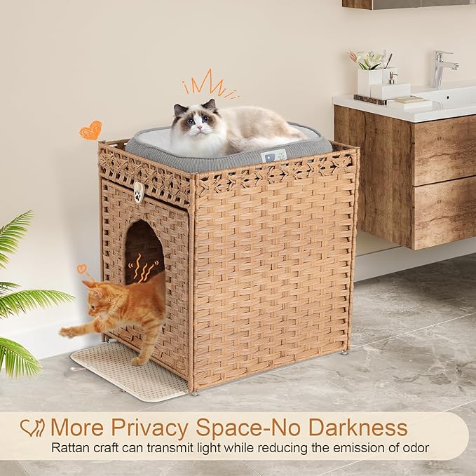 Snughome Cat Litter Box Enclosure Furniture Hidden with Cat Litter Mat, Hidden Cat Washroom Furniture with Door, Handwoven Rattan Cat Washroom Box, Indoor Pet House for Living Room, Bedroom(Natural)