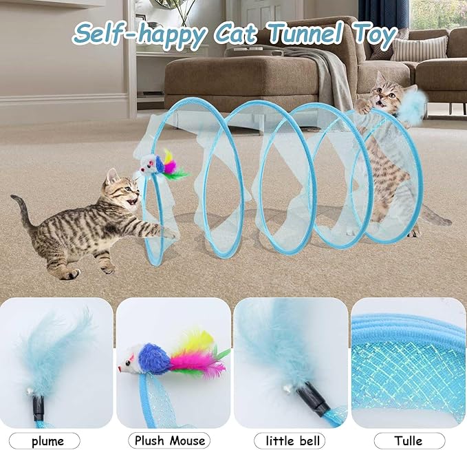 1PCS Folded Cat Tunnel Toy, Cat Tunnel Mice Tube Cat Springs for Indoor with Feather, Mouse Toys Interactive Cat Toy Tunnel Self-Happy Cat Toys, S-Type Collapsible Tent Blue