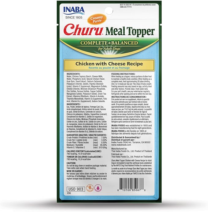 INABA Churu Meal Topper for Dogs, Complete & Balance, Creamy, Lickable Purée Dog Food Topper, 0.5 Ounce Tube, 24 Tubes (4 per Pack), Chicken with Cheese Recipe